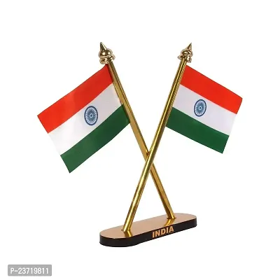 Rhymestore Flag Indian Flag Hindustan Tiranga for Car Dashboard Table Home Decoration Decor Cross Design Stand - Double Sided Cross Flag Stand-thumb2