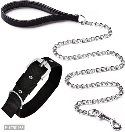 SaleThief Combo Dog Belt Combo of 1 inch Nylon Collar with Heavy Dog Chain (Medium)