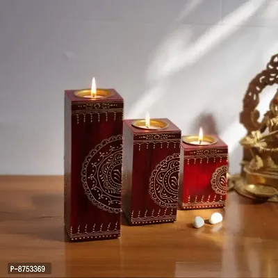 Wooden T-Light Holder/ Set of 3/ Hand Painted / Red color