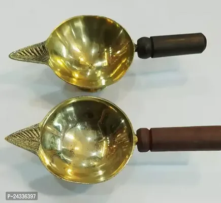 Divya Shakti Pure Brass Luxmi Deepak Good Quality Wood Handle Big Size- Set Of 2 Pieces