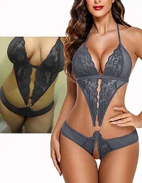 Fashion Lobby Women Deep V Lingerie Lace Teddy One Piece Babydoll Mini Bodysuit  Gray-thumb1