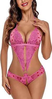 Fashion Lobby Women Deep V Lingerie Lace Teddy One Piece Babydoll Mini Bodysuit  Pink Heart-thumb2