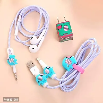 Careflection 6-in-1 Multi Combo Spiral USB Cable Protectors + Earphones Winder + Sticker + Cable Clips + Earphone Jack Clip for Old 5W Apple iPhone iPad Charger (Cute Elephant)