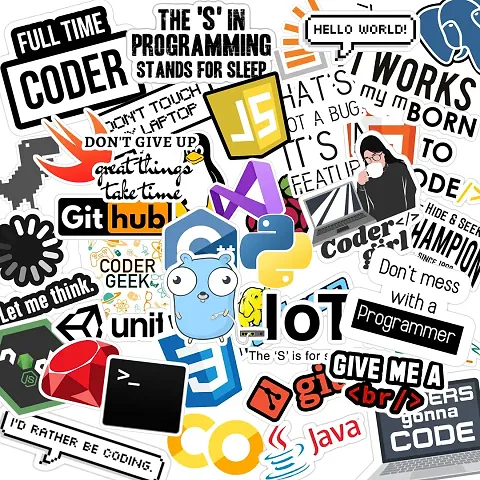 Careflection Pack of 40 Funny Programming/Coding Vinyl Glossy Stickers with Programming Language App Logo Stickers for Laptop, Mobile, Botte