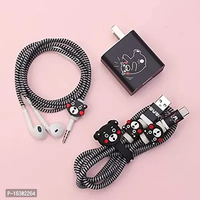 Careflection 6-in-1 Multi Combo Spiral USB Cable Protectors + Earphones Winder + Sticker + Cable Clips + Earphone Jack Clip for New 20W Apple iPhone iPad Charger (Black Bear)