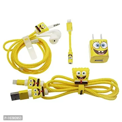 Careflection 6-in-1 Multi Combo Spiral USB Cable Protectors + Earphones Winder + Sticker + Cable Clips + Earphone Jack Clip for Old 5W Apple iPhone iPad Charger (Spongebob Squarepants)