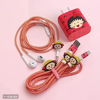 Careflection 6-in-1 Multi Combo Spiral USB Cable Protectors + Earphones Winder + Sticker + Cable Clips + Earphone Jack Clip for New 20W Apple iPhone iPad Charger (Chibi Maruko Chan)