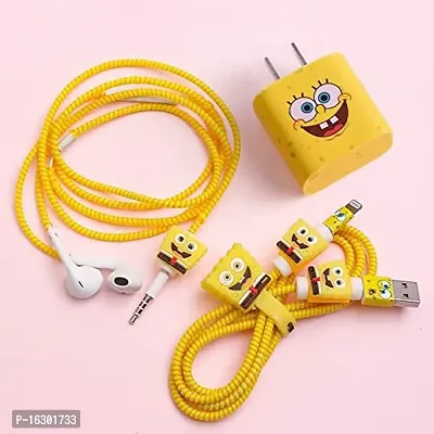 Careflection 6-in-1 Multi Combo Spiral USB Cable Protectors + Earphones Winder + Sticker + Cable Clips + Earphone Jack Clip for New 20W Apple iPhone iPad Charger (Spongebob Squarepants)