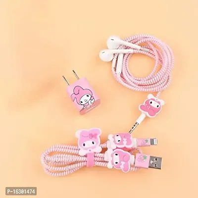 Careflection 6-in-1 Multi Combo Spiral USB Cable Protectors + Earphones Winder + Sticker + Cable Clips + Earphone Jack Clip for Old 5W Apple iPhone iPad Charger (My Melody The Rabbit)