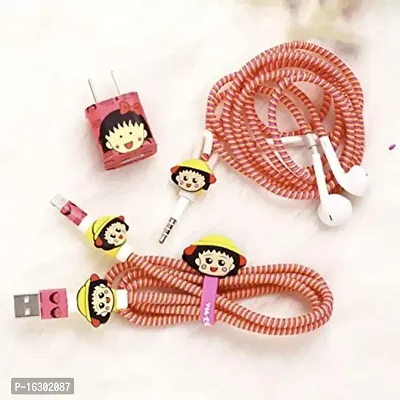 Careflection 6-in-1 Multi Combo Spiral USB Cable Protectors + Earphones Winder + Sticker + Cable Clips + Earphone Jack Clip for Old 5W Apple iPhone iPad Charger (Chibi Maruko Chan)