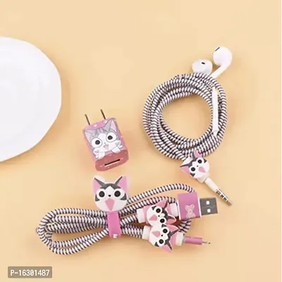 Careflection 6-in-1 Multi Combo Spiral USB Cable Protectors + Earphones Winder + Sticker + Cable Clips + Earphone Jack Clip for Old 5W Apple iPhone iPad Charger (Cat)