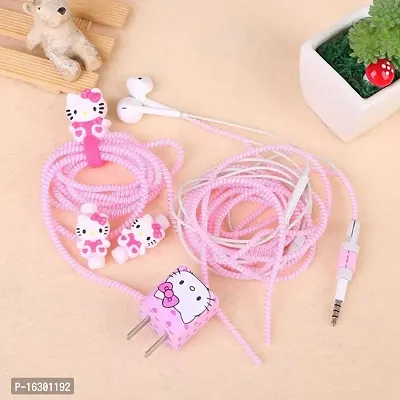 Careflection 6-in-1 Multi Combo Spiral USB Cable Protectors + Earphones Winder + Sticker + Cable Clips + Earphone Jack Clip for Old 5W Apple iPhone iPad Charger (Hello Kitty)-thumb0