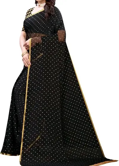 Fabmora Womens Golden Foil Beaded Polka Dot Chiffon Saree With Unstitched Jacquard Blouse Piece