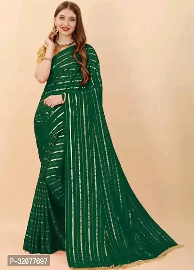 Beautiful Green Art Silk Striped Saree with Blouse Piece For Women-thumb0