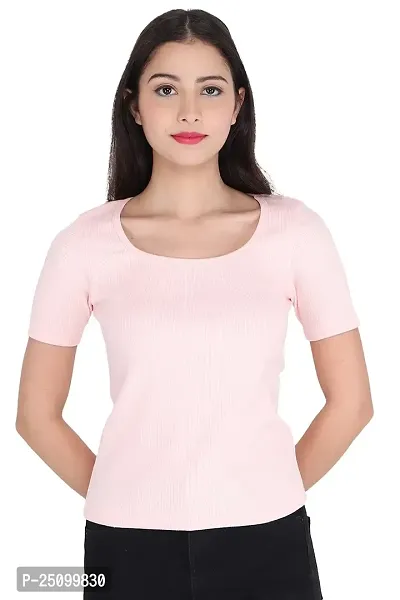 GENEALO Women?s Scoop Neck Stretchable, Comfortable Rib Knitted Top for Summer wear (Medium, Light Pink)