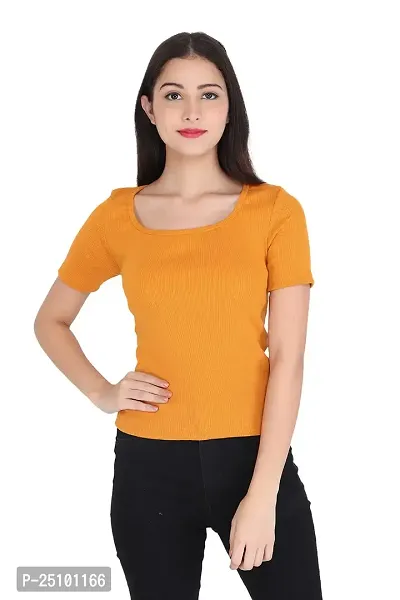 GENEALO Women?s Scoop Neck Stretchable, Comfortable Rib Knitted Top for Summer wear (Large, Mustard)