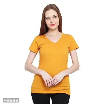 GENEALO Womenrsquo;s Cotton Blend, Stretchable, Comfortable, Soft 100% Bio wash V-Neck Half Sleeves T-Shirt for Summer|| Casual||Formal ||Beach Wear Look (Medium, Mustard)-thumb0