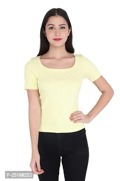 GENEALO Women?s Scoop Neck Stretchable, Comfortable Rib Knitted Top for Summer wear (Medium, Lemon)-thumb1