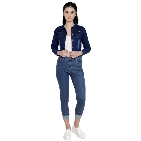 Clothing Crop Denim Jacket for Women Navy Blue (M)