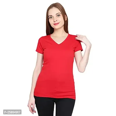 GENEALO Womenrsquo;s Cotton Blend, Stretchable, Comfortable, Soft 100% Bio wash V-Neck Half Sleeves T-Shirt for Summer|| Casual||Formal ||Beach Wear Look (Small, Red)