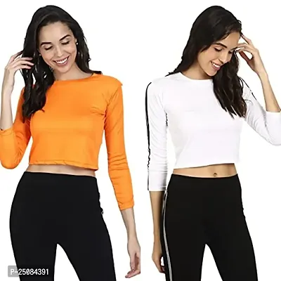 GENEALO Stylish Fashionable (Pack of 2) Dry Fit Crop Top for Women | Round Neck | Full Sleeves