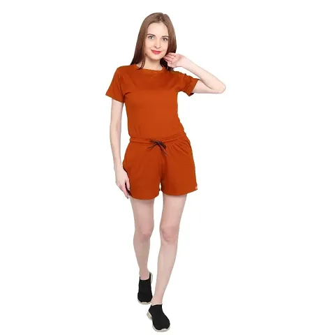 GENEALO Women?s Blend, Stretchable, Comfortable, Soft 100% Bio wash Round Neck Half Sleeves T-Shirt and Shorts Set (Full Set) (X-Large, Rust)