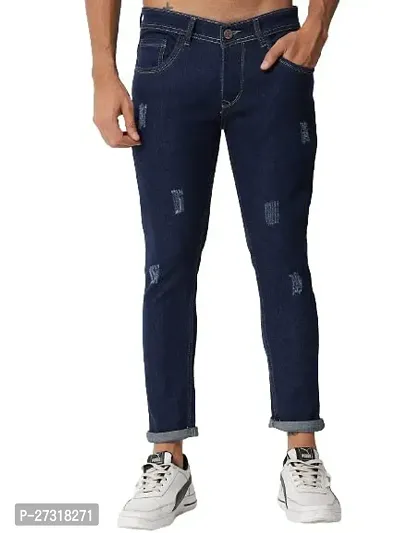 Stylish Blue Denim Distress Skinny Fit Jeans For Men-thumb0