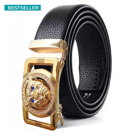 Quotes Craft : Artificial Leather Belt for Men - Formal  Casual - Premium Lion Golden Autolock Buckle  Black Belt