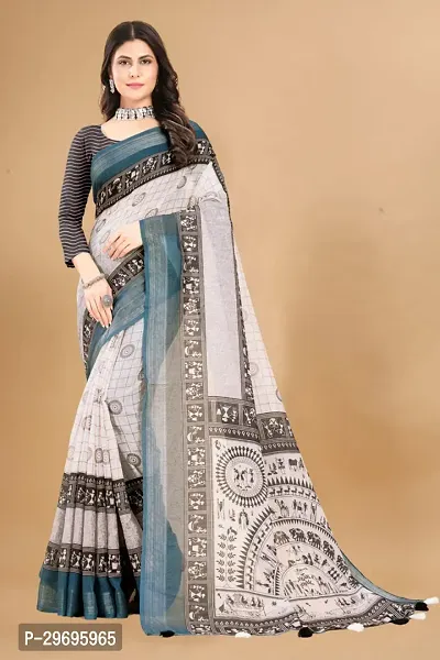 Stylish Linen Grey Printed Saree with Blouse piece For Women