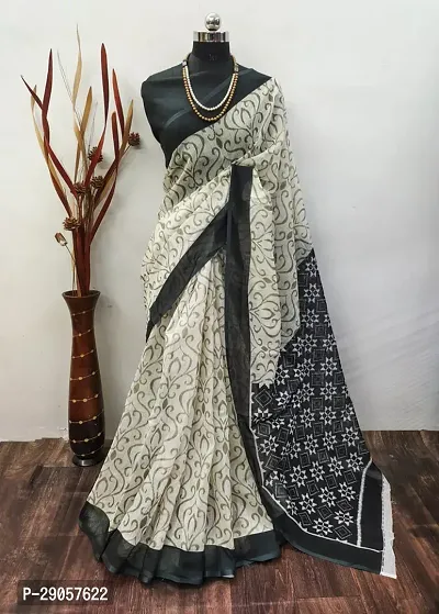Stylish Grey Linen Printed Saree with Blouse piece For Women