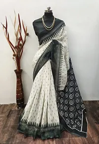 Stylish Off White Linen Printed Saree with Blouse piece For Women-thumb1