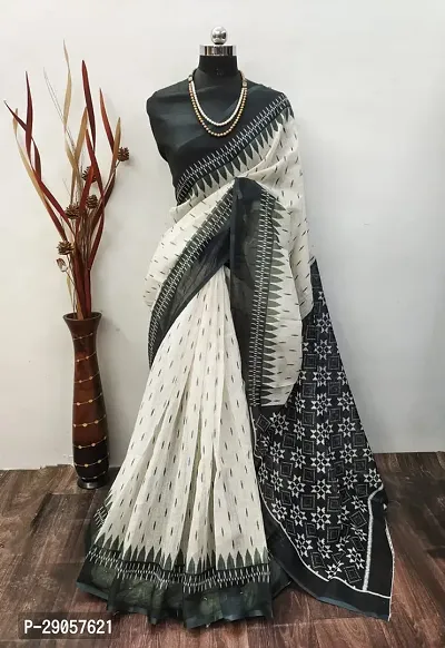 Stylish Off White Linen Printed Saree with Blouse piece For Women-thumb2