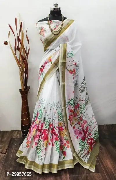 Stylish White Linen Printed Saree with Blouse piece For Women-thumb0