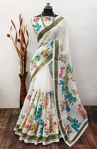 Stylish White Linen Printed Saree with Blouse piece For Women-thumb1
