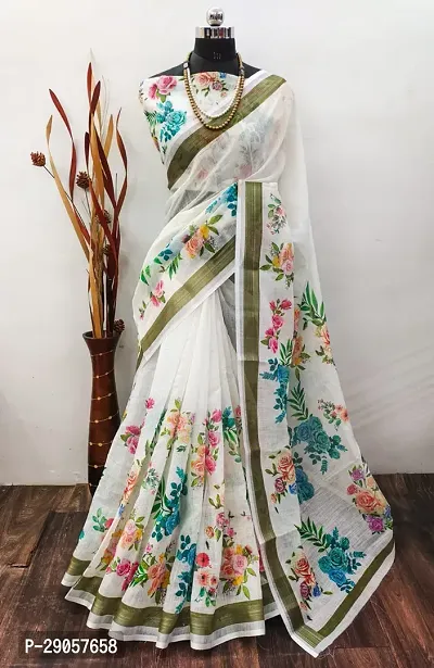 Stylish White Linen Printed Saree with Blouse piece For Women-thumb2