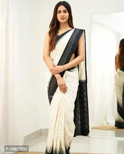 Stylish Off White Linen Printed Saree with Blouse piece For Women-thumb0