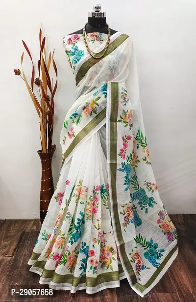 Stylish White Linen Printed Saree with Blouse piece For Women-thumb0
