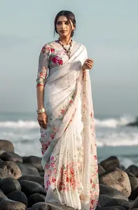 Stylish White Linen Printed Saree with Blouse piece For Women-thumb1
