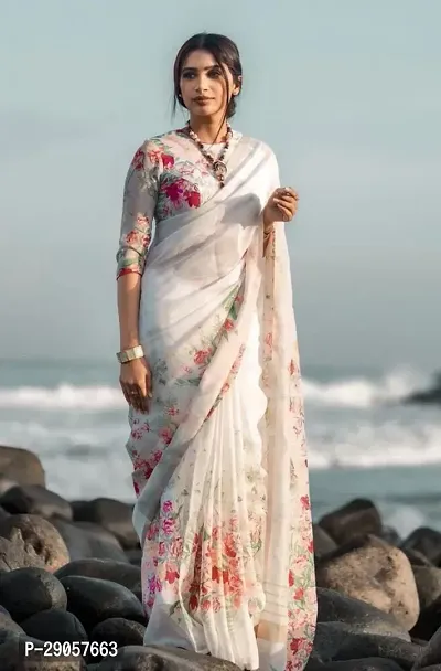 Stylish White Linen Printed Saree with Blouse piece For Women-thumb2