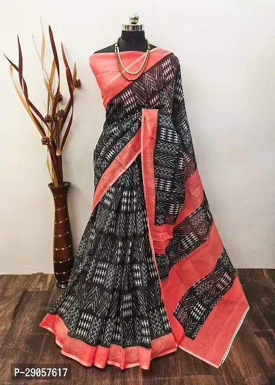 Stylish Black Linen Printed Saree with Blouse piece For Women