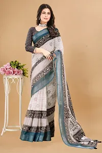 Stylish Linen Grey Printed Saree with Blouse piece For Women-thumb2