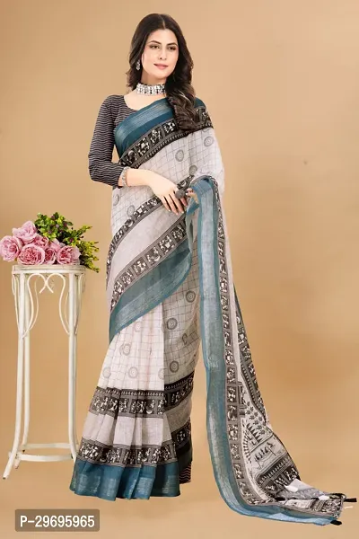 Stylish Linen Grey Printed Saree with Blouse piece For Women-thumb3