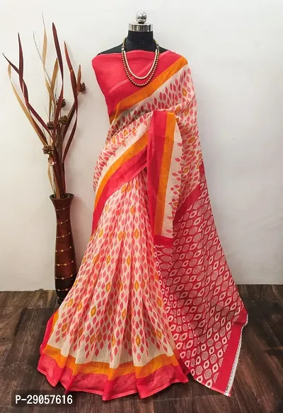 Stylish Red Linen Printed Saree with Blouse piece For Women