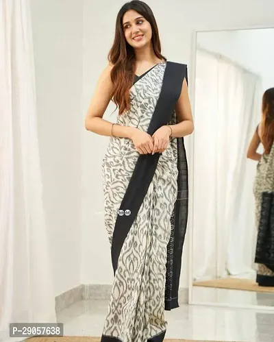 Stylish Grey Linen Printed Saree with Blouse piece For Women-thumb0