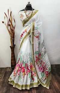 Stylish White Linen Printed Saree with Blouse piece For Women-thumb1