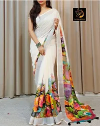 Stylish White Linen Printed Saree with Blouse piece For Women-thumb1