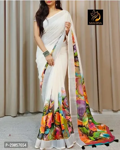 Stylish White Linen Printed Saree with Blouse piece For Women-thumb0