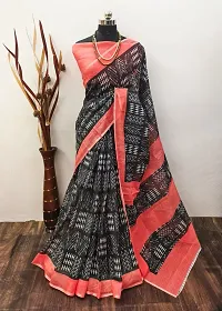 Stylish Black Linen Printed Saree with Blouse piece For Women-thumb1