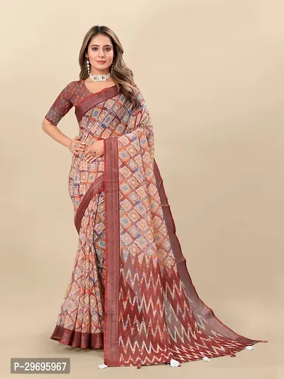 Stylish Linen Multicoloured Printed Saree with Blouse piece For Women-thumb0