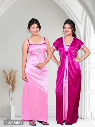 Elegant Satin Solid Nighty Set For Women-thumb0